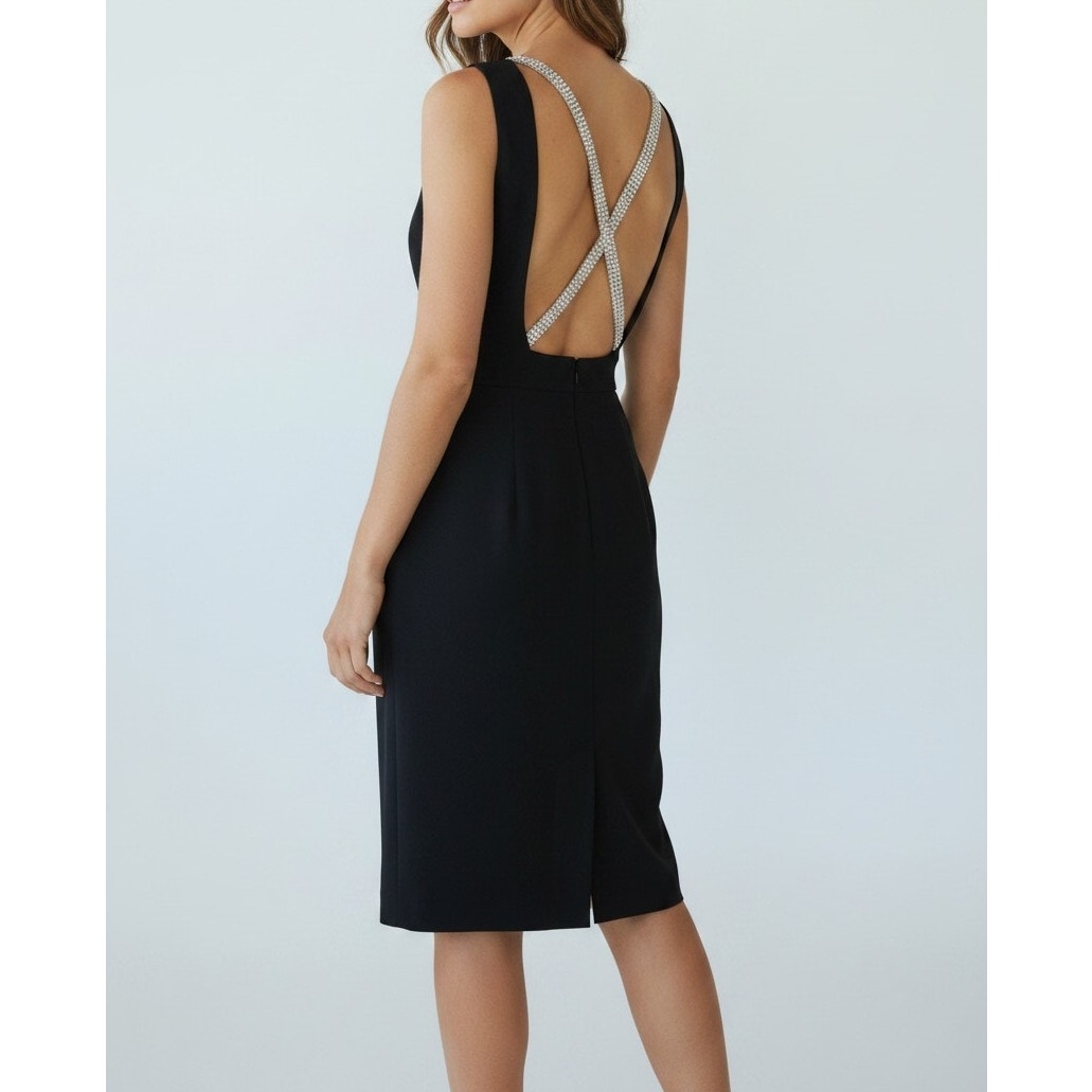 Vintage 80s Black Cocktail Dress Rhinestone Open Back Party Dress 4